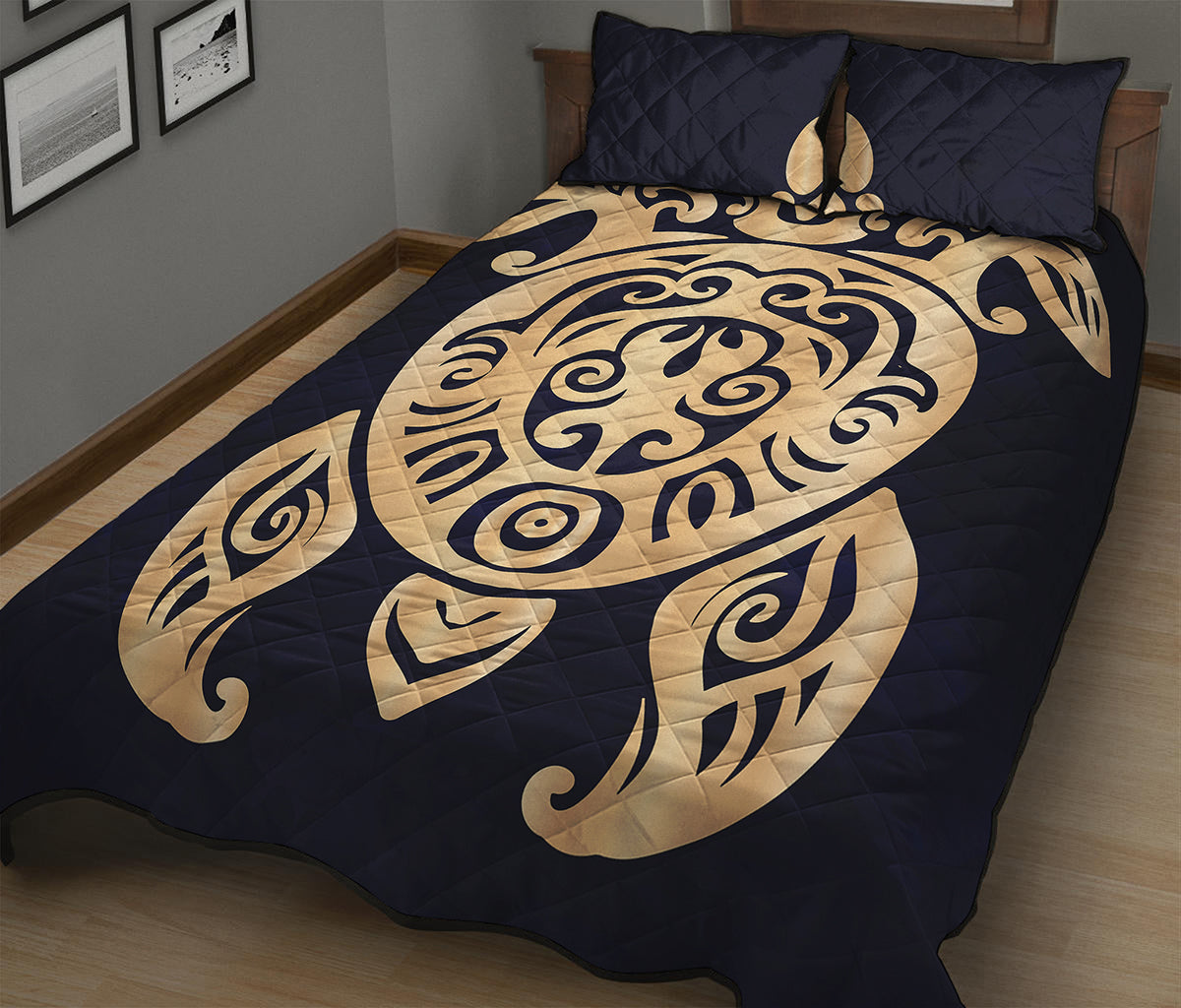 Golden Tribal Sea Turtle Print Quilt Bed Set