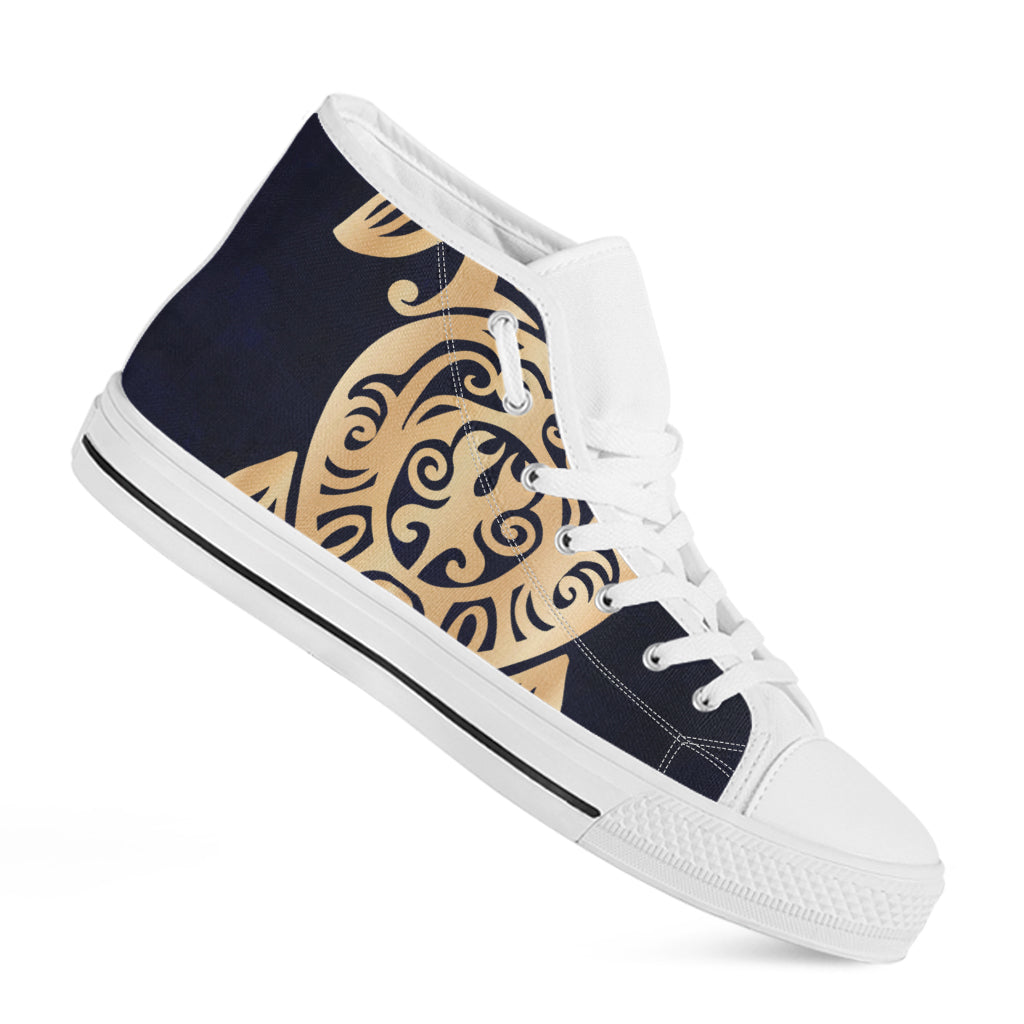 Golden Tribal Sea Turtle Print White High Top Shoes