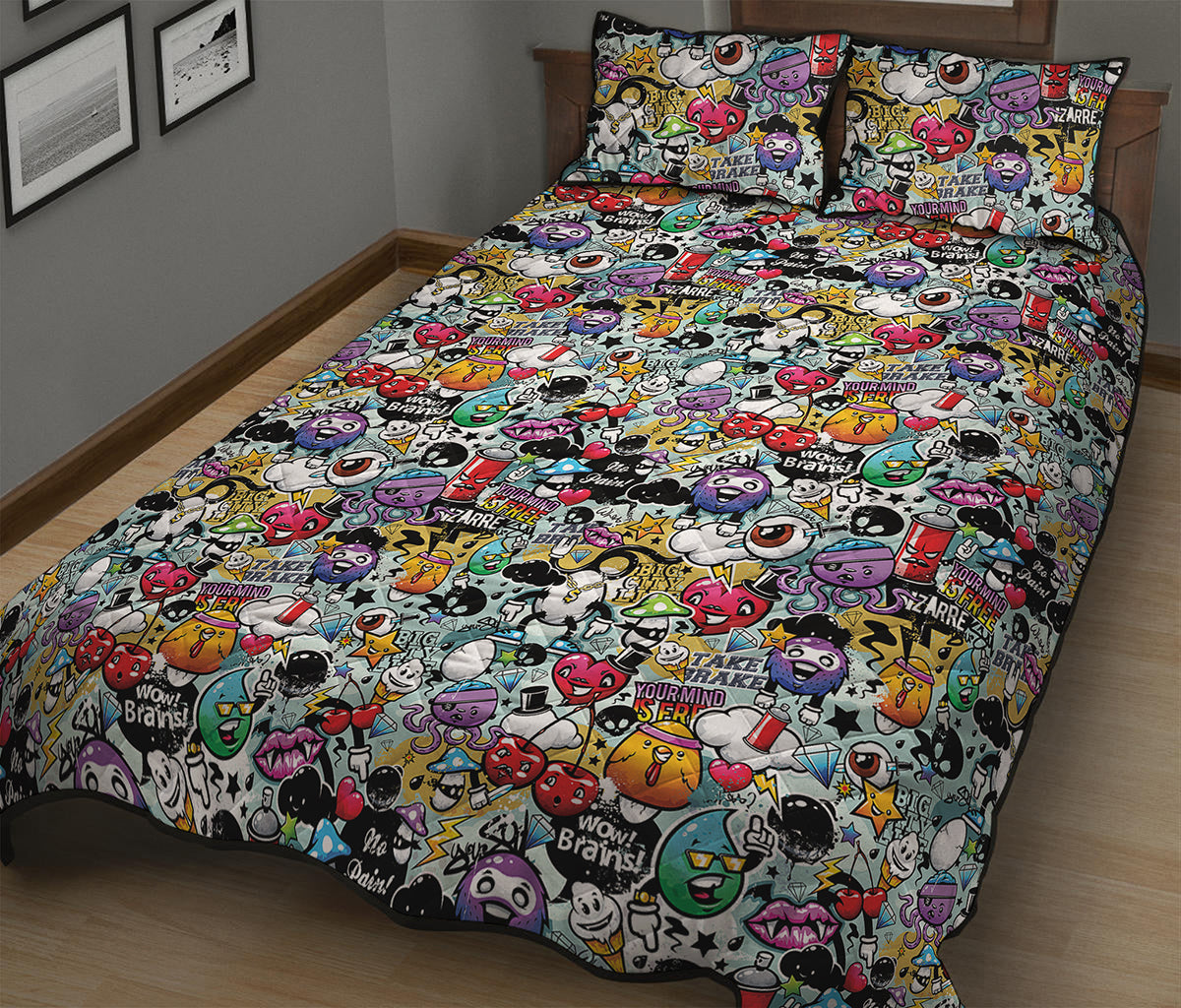 Graffiti Cartoon Characters Print Quilt Bed Set