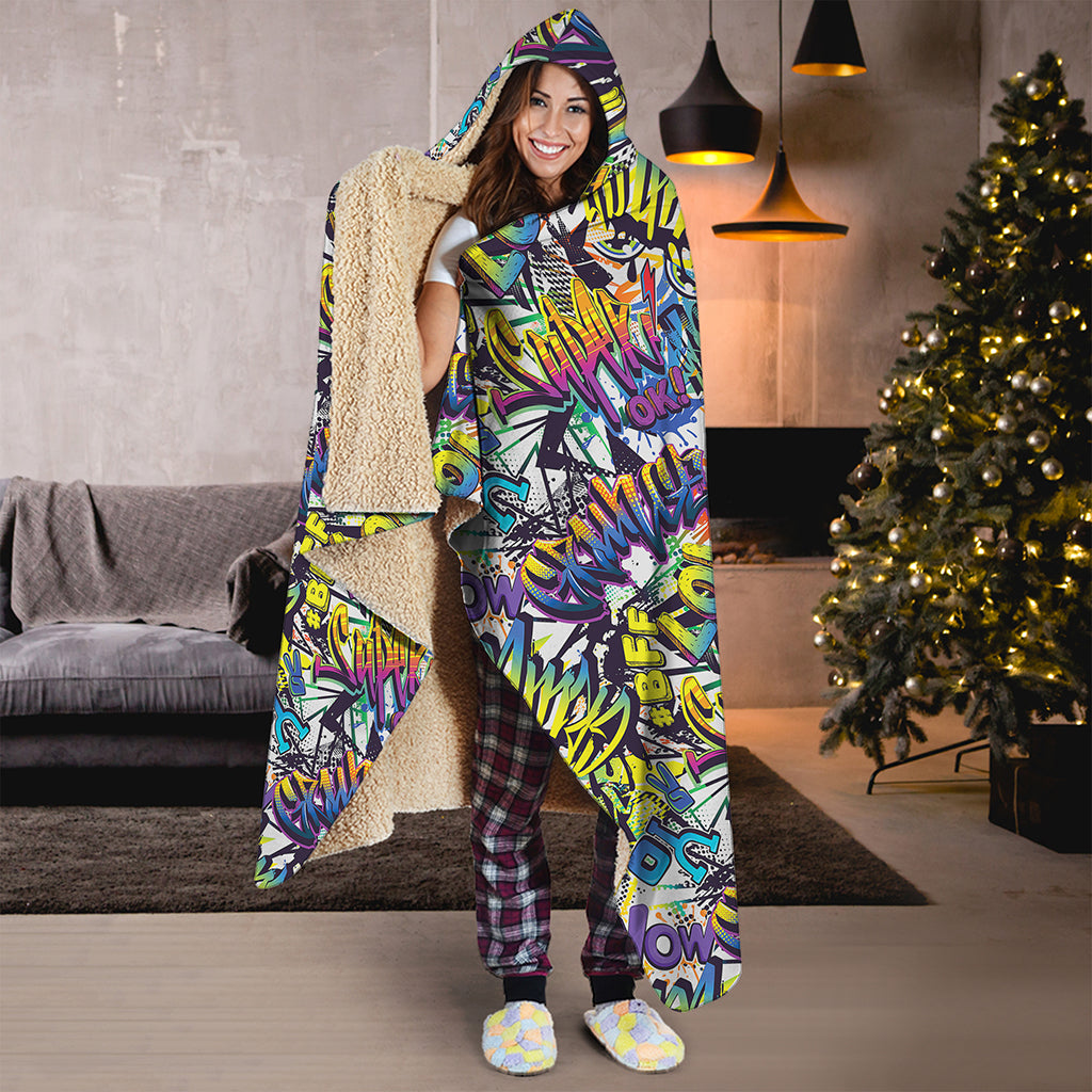 Graffiti Text Pattern Print Hooded Blanket