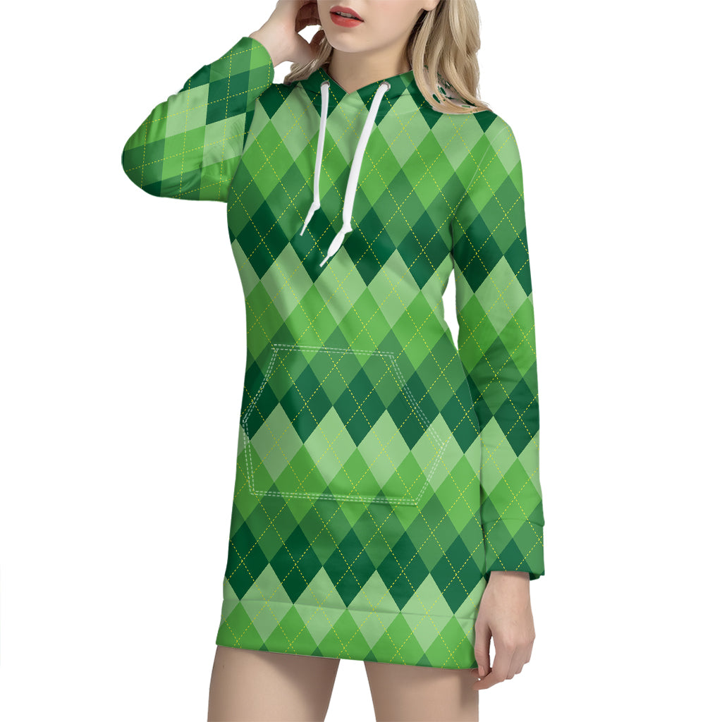 Grass Green Argyle Pattern Print Hoodie Dress
