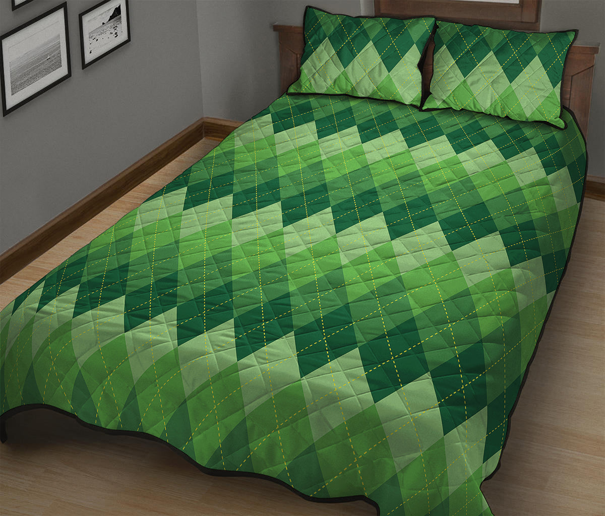 Grass Green Argyle Pattern Print Quilt Bed Set