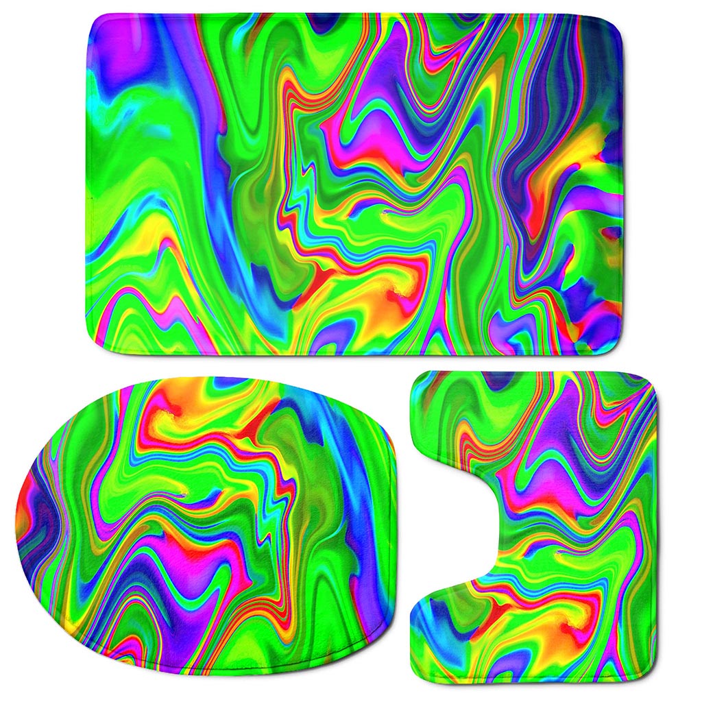 Green Abstract Liquid Trippy Print 3 Piece Bath Mat Set