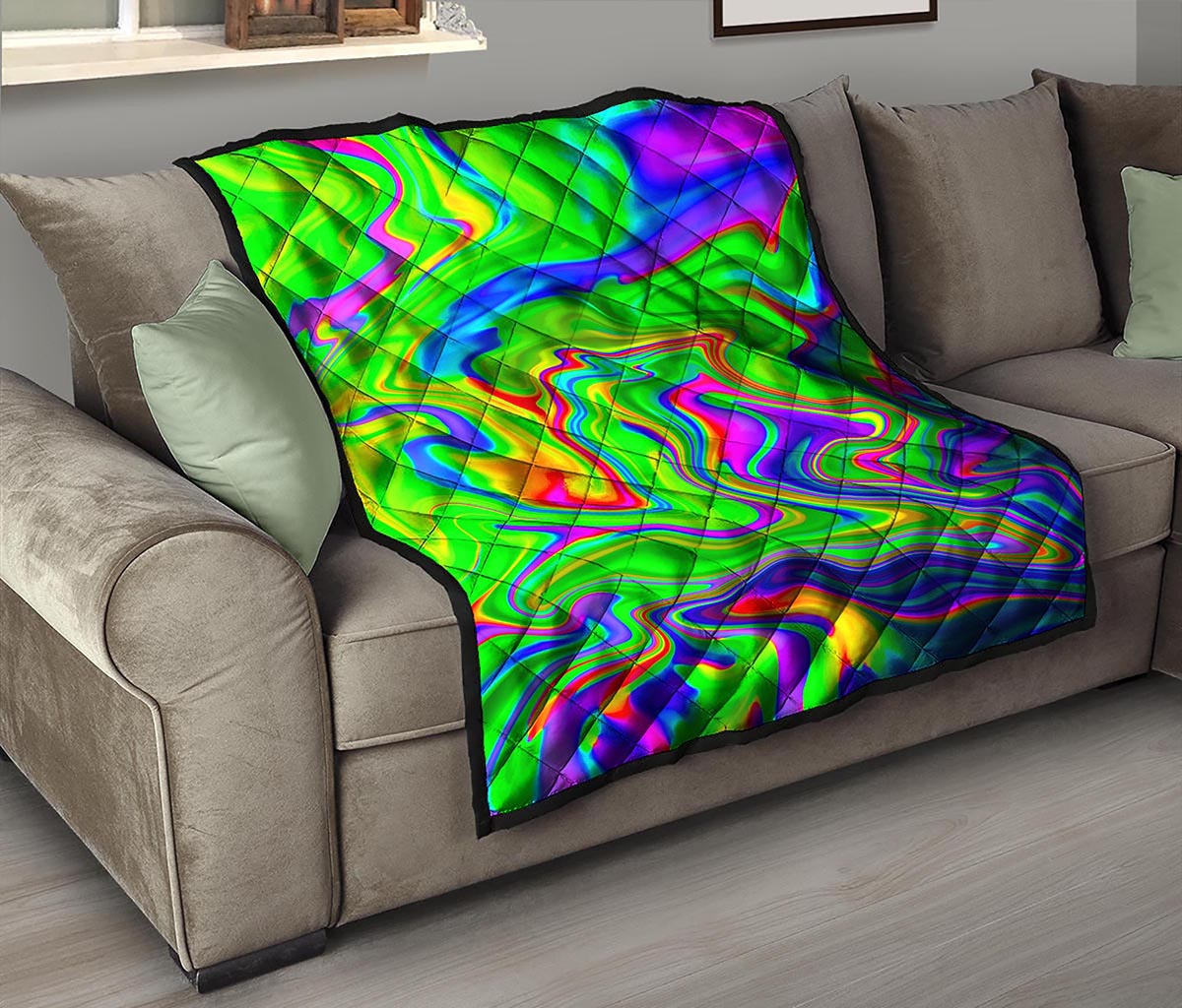 Green Abstract Liquid Trippy Print Quilt