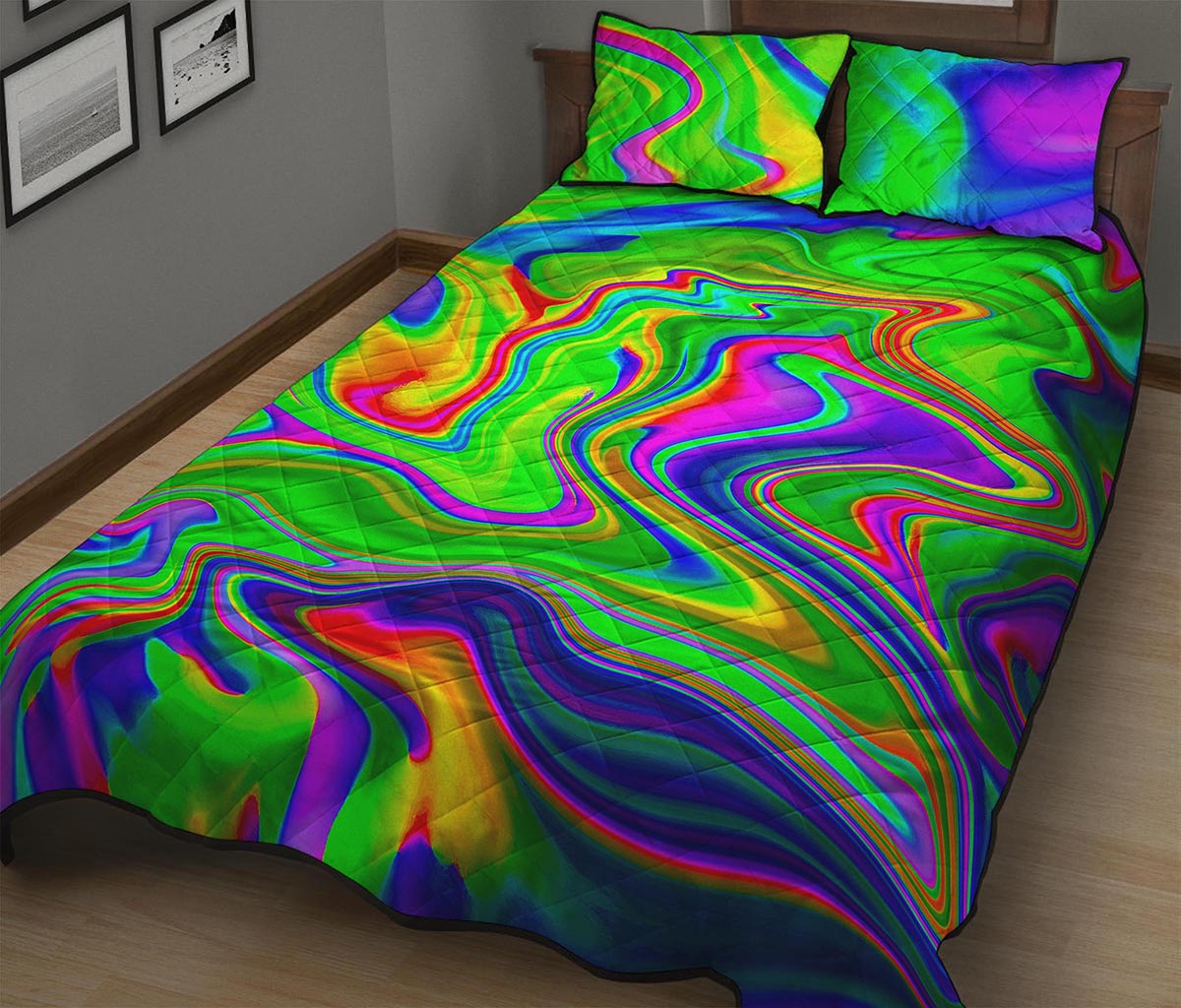 Green Abstract Liquid Trippy Print Quilt Bed Set