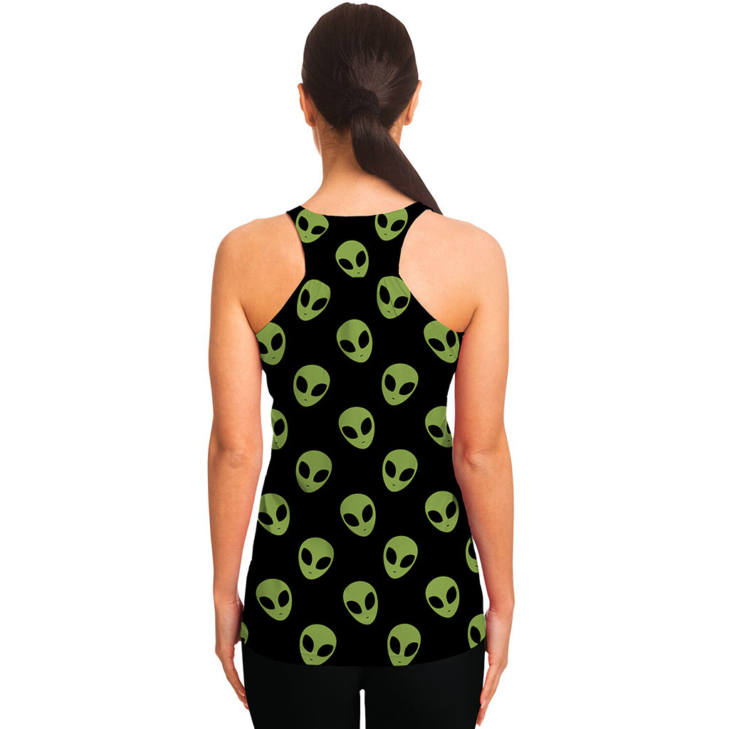 Green Alien Face Pattern Print Women's Racerback Tank Top