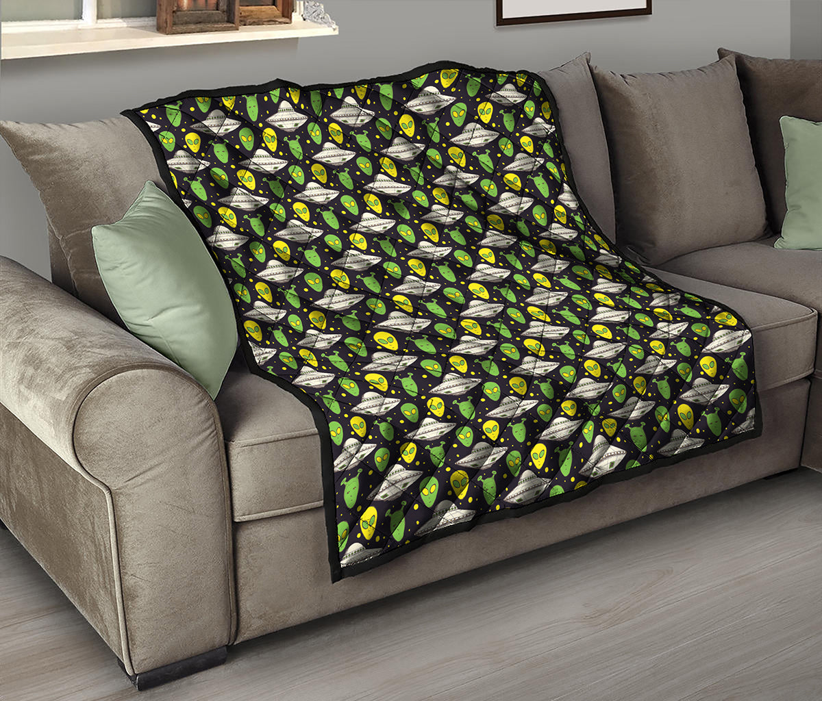 Green Alien UFO Space Print Quilt