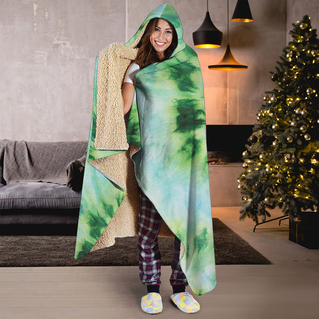 Green And Black Acid Wash Tie Dye Print Hooded Blanket