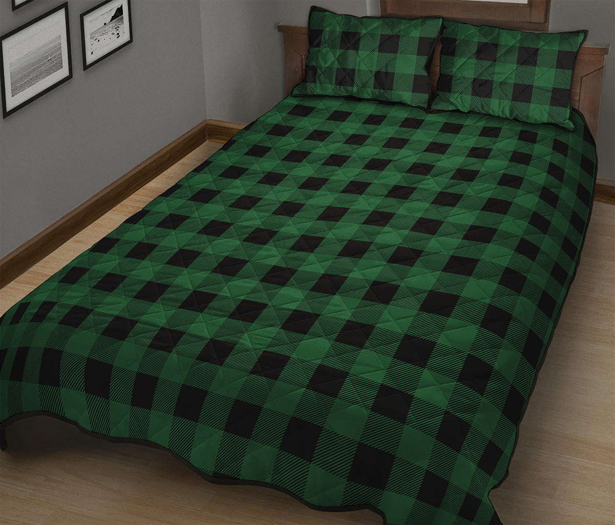 Green And Black Buffalo Check Print Quilt Bed Set
