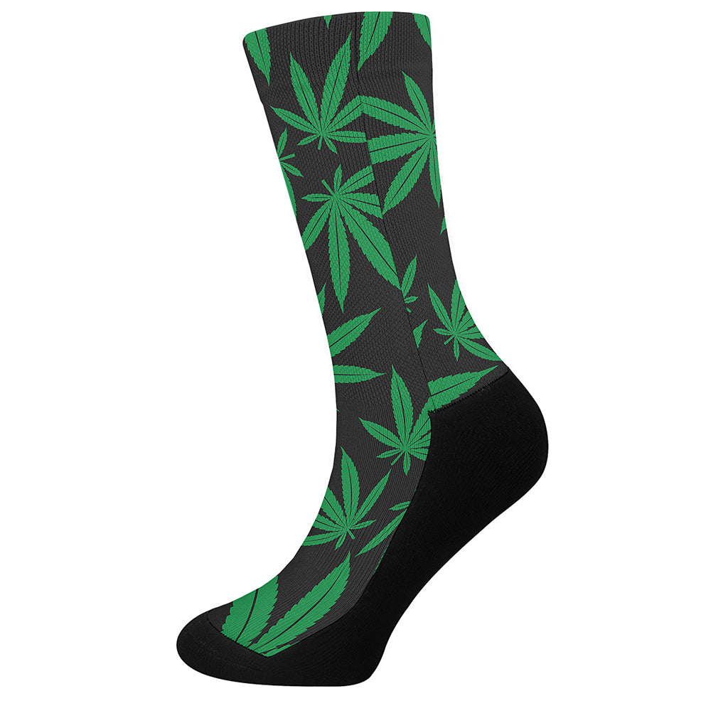 Green And Black Cannabis Leaf Print Crew Socks