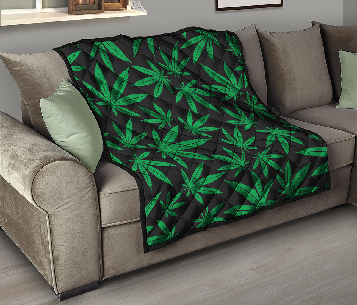 Green And Black Cannabis Leaf Print Quilt