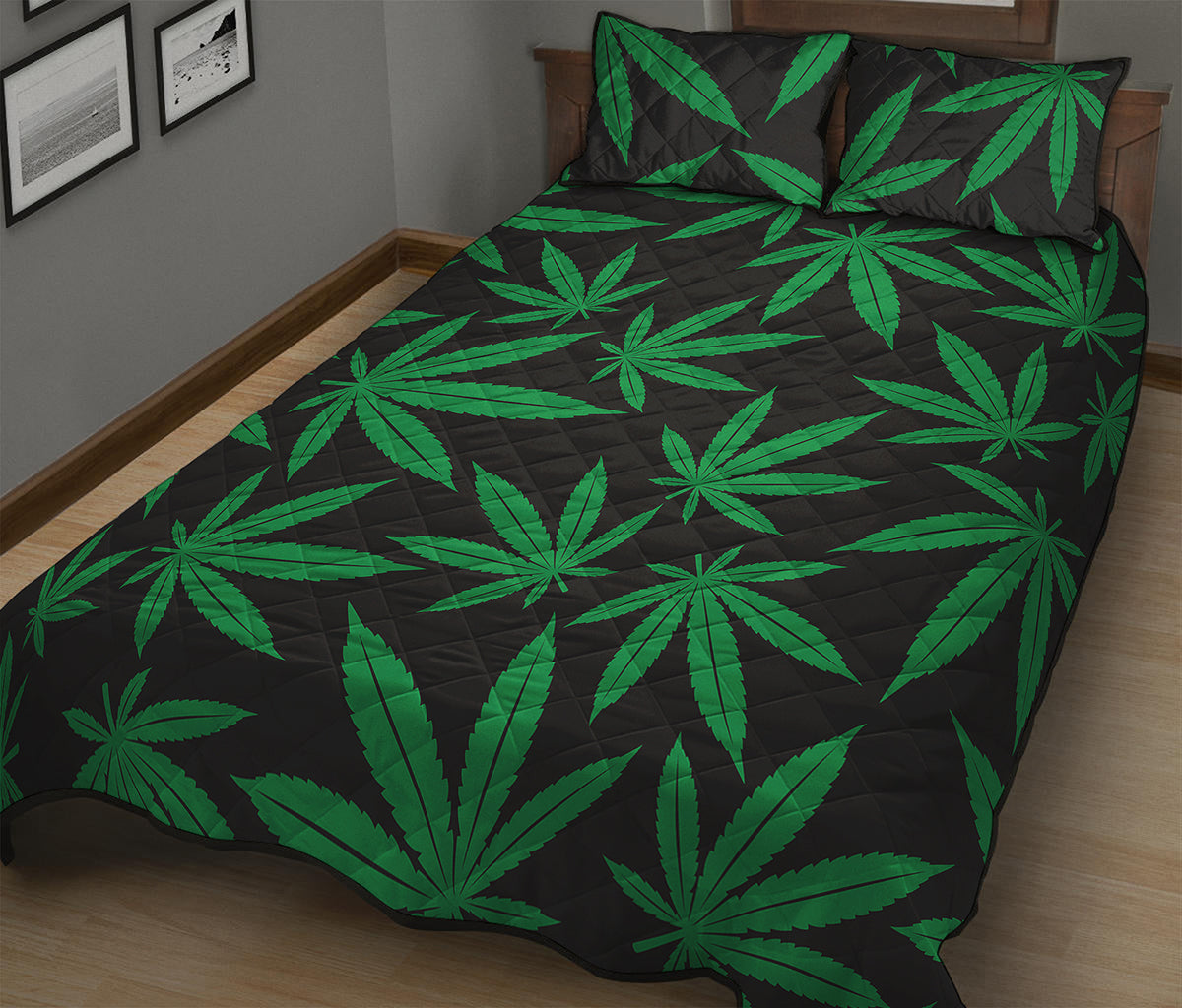 Green And Black Cannabis Leaf Print Quilt Bed Set
