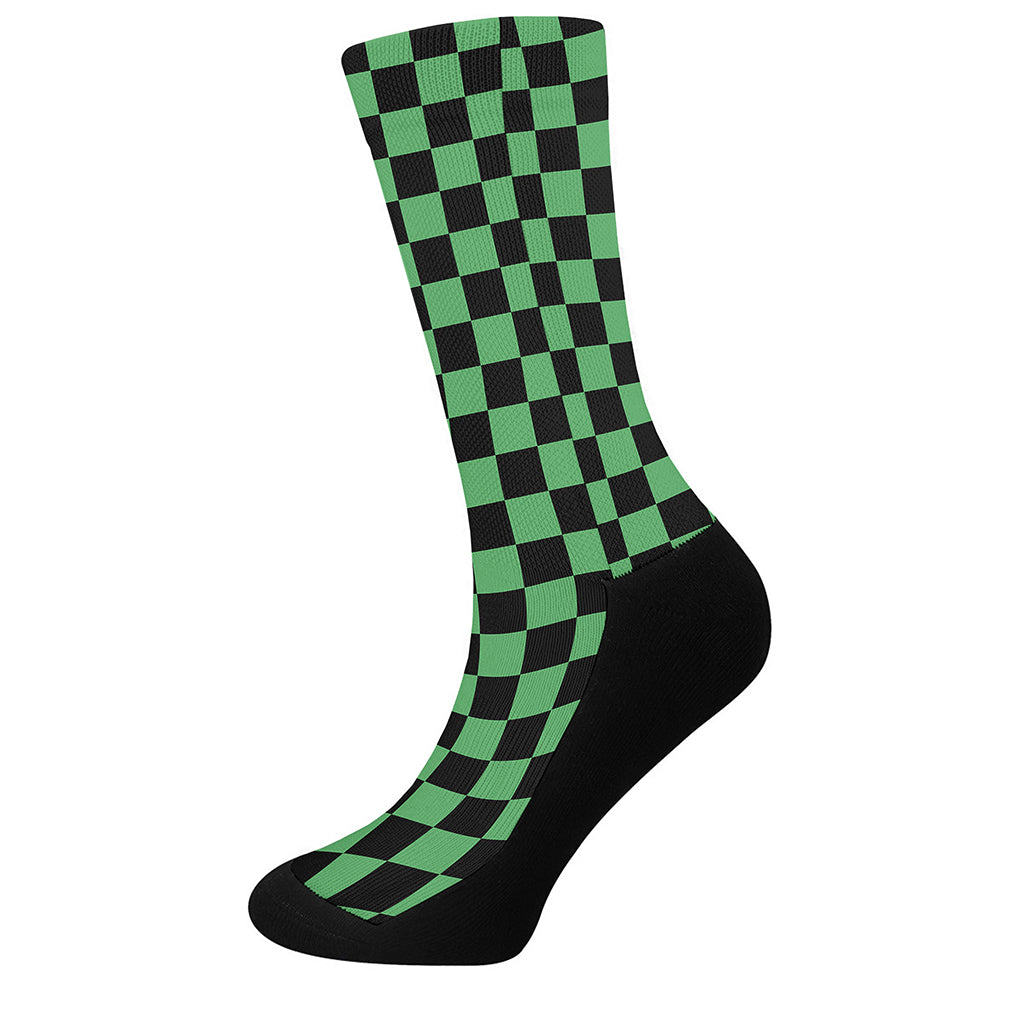 Green And Black Checkered Pattern Print Crew Socks