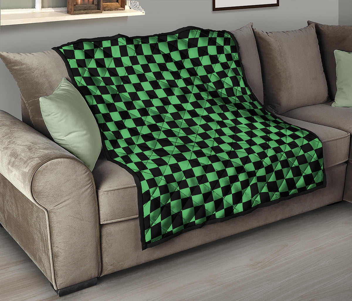Green And Black Checkered Pattern Print Quilt