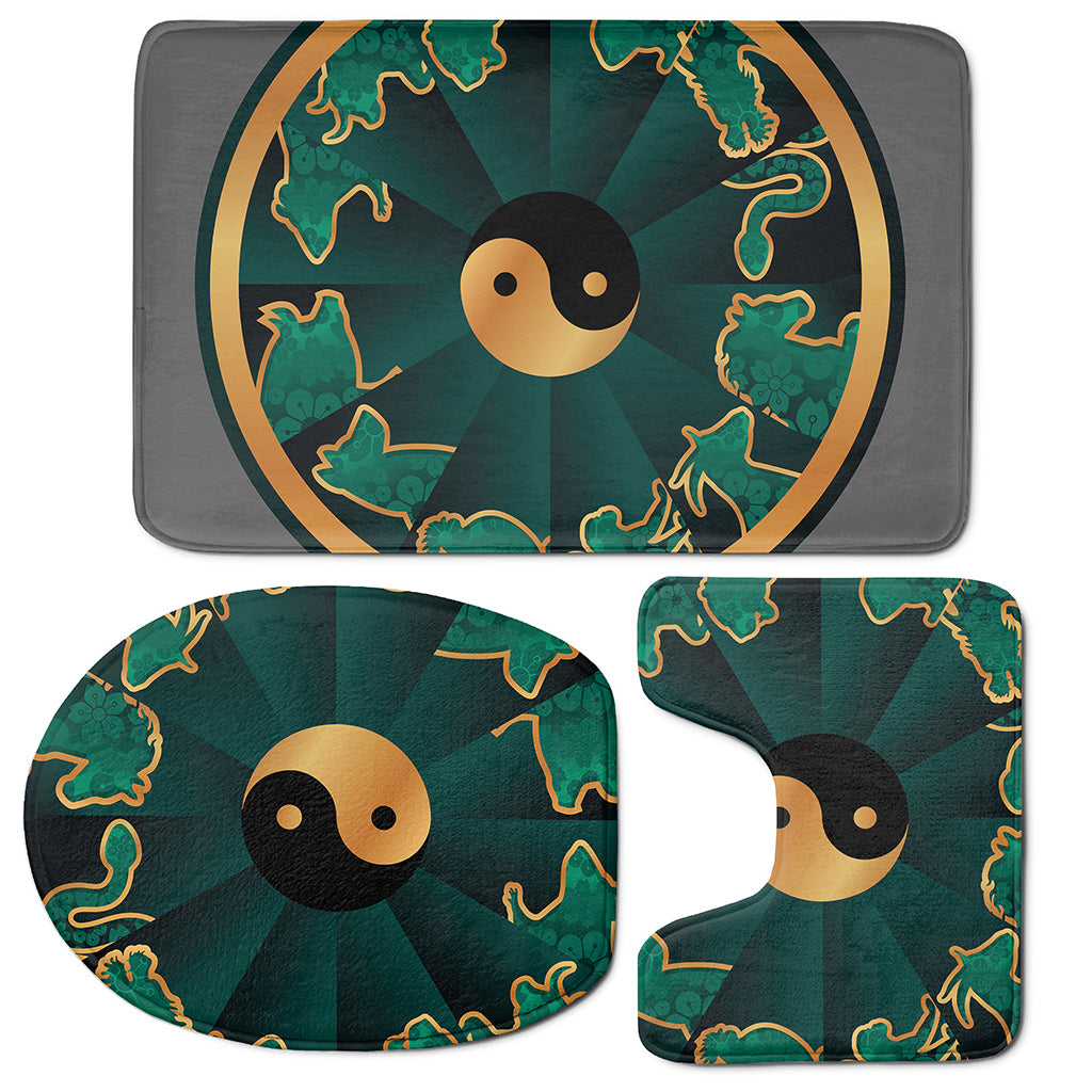 Green And Gold Chinese Zodiac Print 3 Piece Bath Mat Set