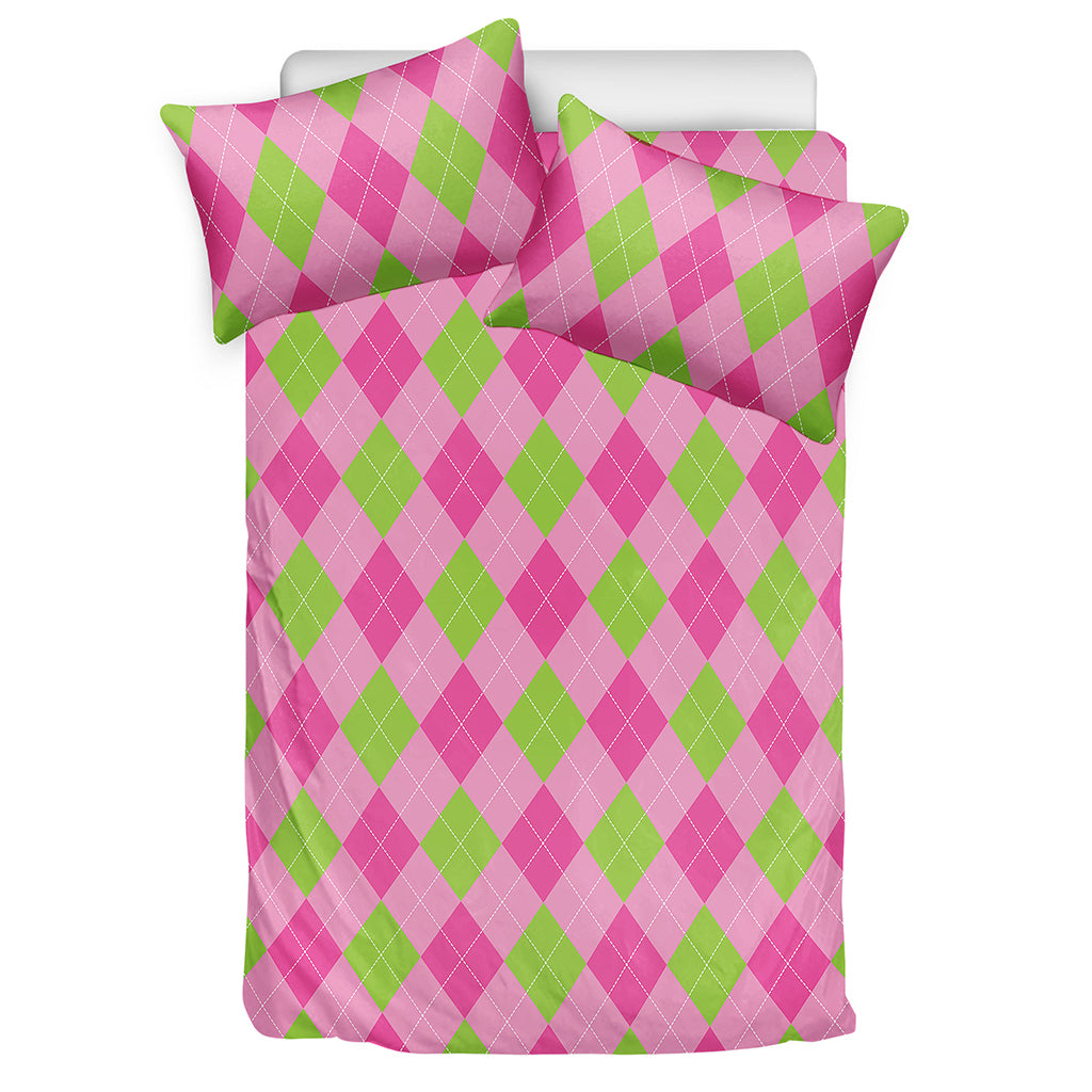 Green And Pink Argyle Pattern Print Duvet Cover Bedding Set