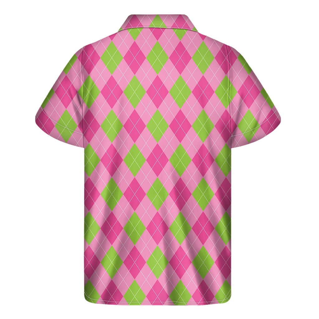 Green And Pink Argyle Pattern Print Men's Short Sleeve Shirt