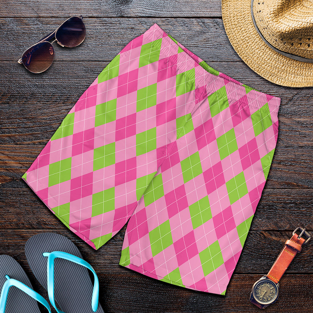Green And Pink Argyle Pattern Print Men's Shorts