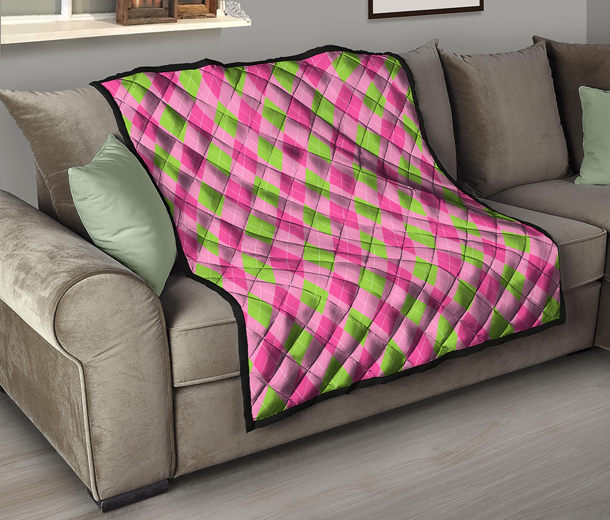 Green And Pink Argyle Pattern Print Quilt