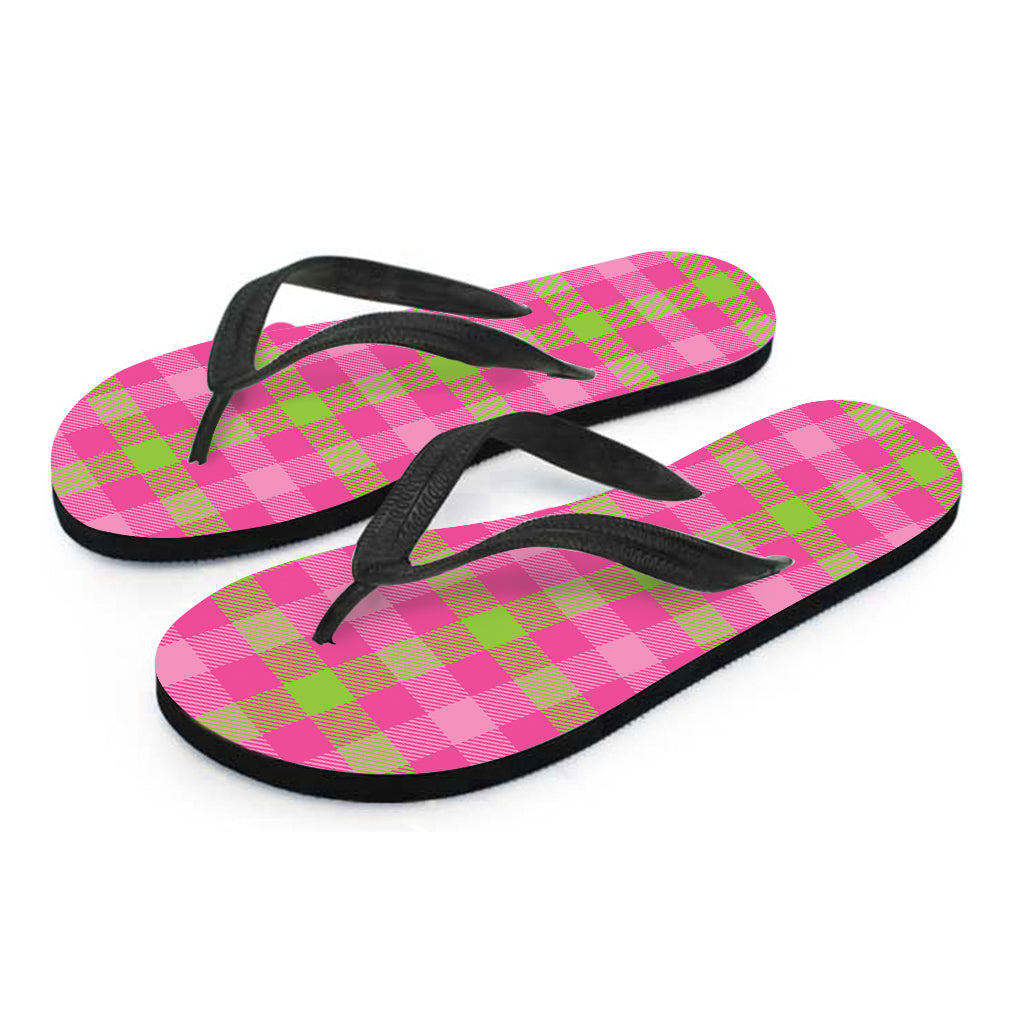 Green And Pink Buffalo Plaid Print Flip Flops