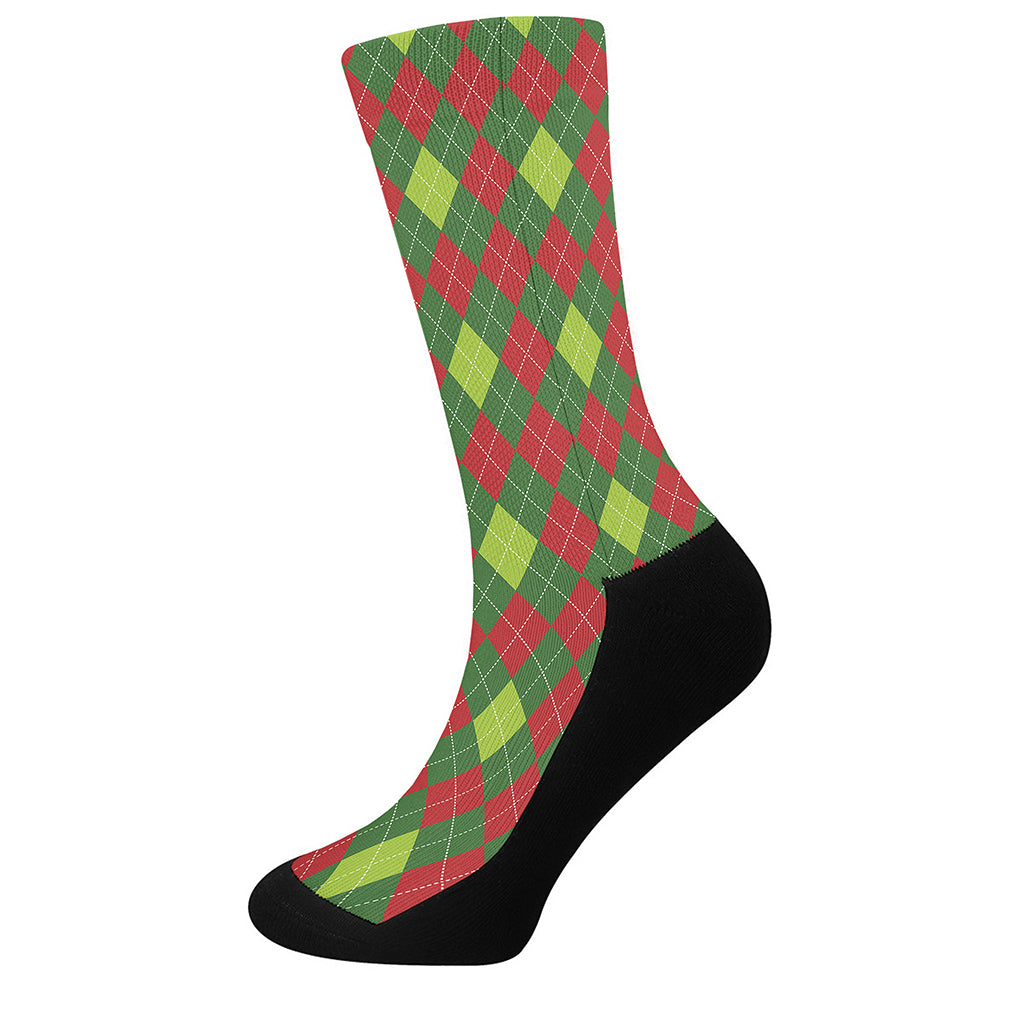 Green And Red Christmas Argyle Print Crew Socks