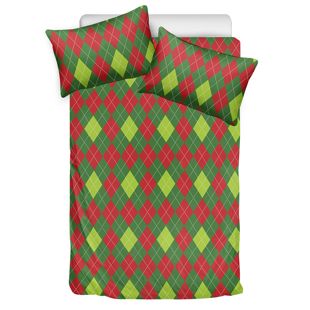 Green And Red Christmas Argyle Print Duvet Cover Bedding Set