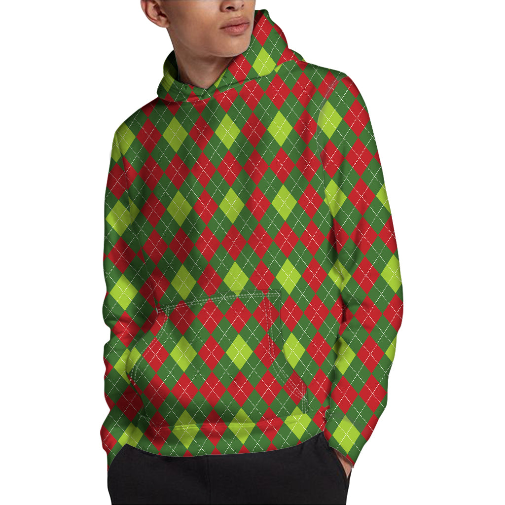 Green And Red Christmas Argyle Print Pullover Hoodie
