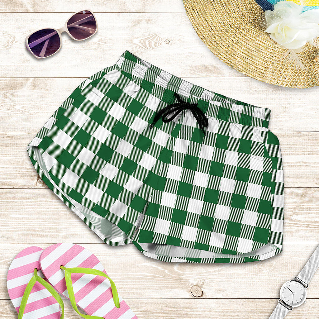 Green And White Buffalo Check Print Women's Shorts