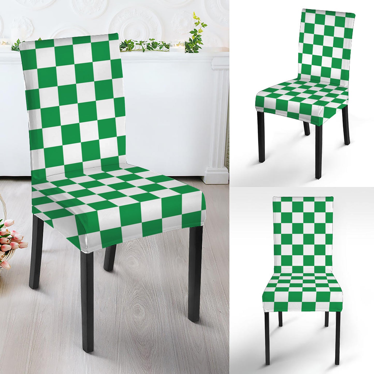 Green And White Checkered Pattern Print Dining Chair Slipcover
