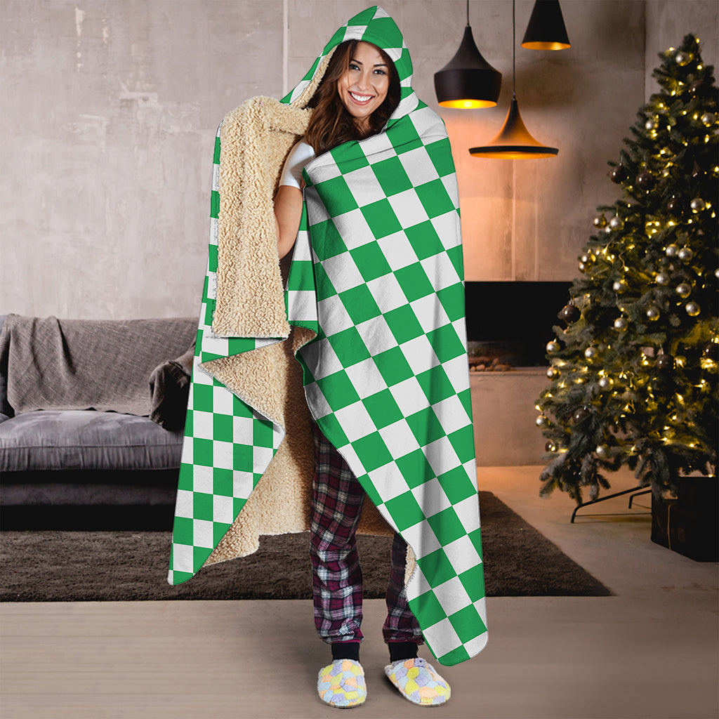 Green And White Checkered Pattern Print Hooded Blanket