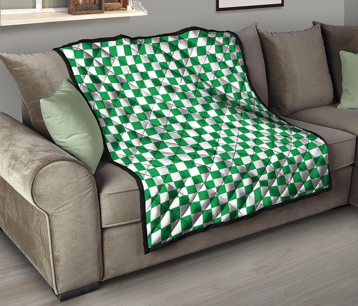 Green And White Checkered Pattern Print Quilt