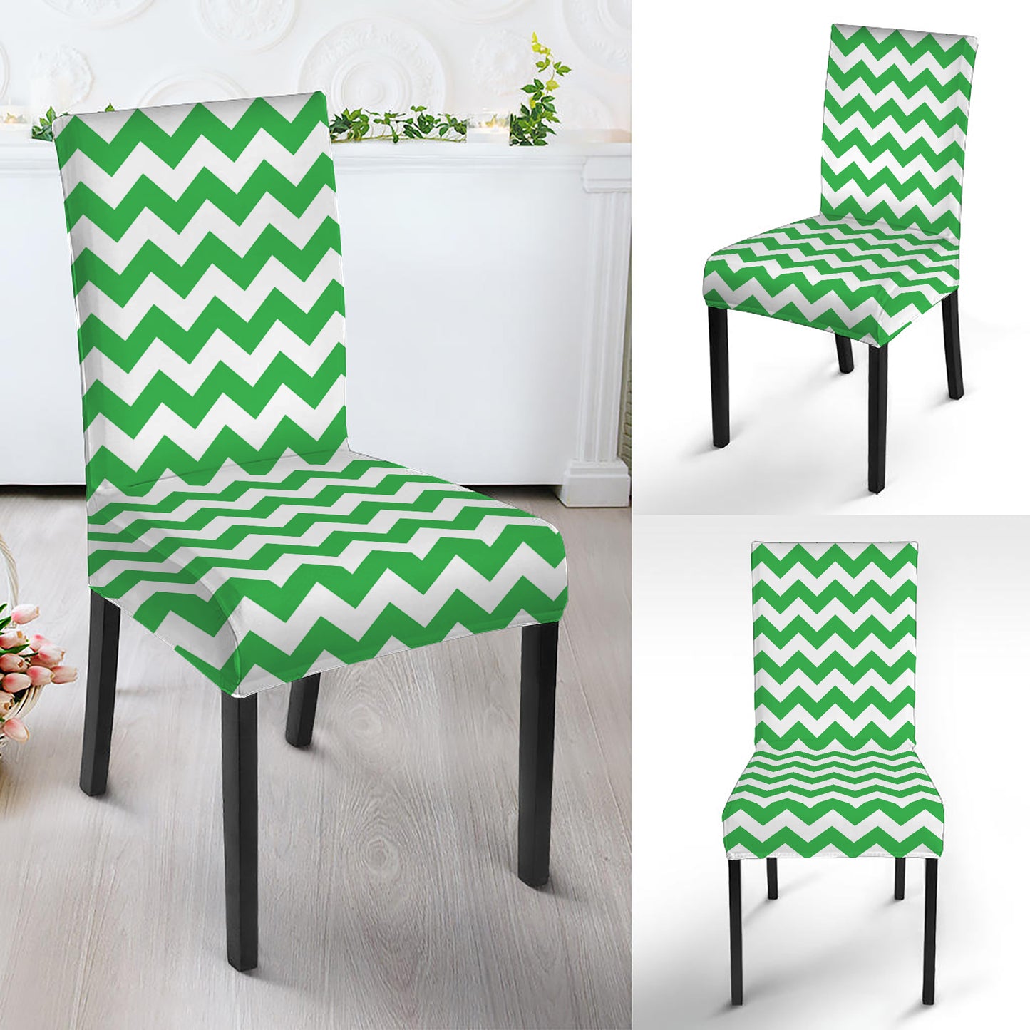 Green And White Chevron Pattern Print Dining Chair Slipcover