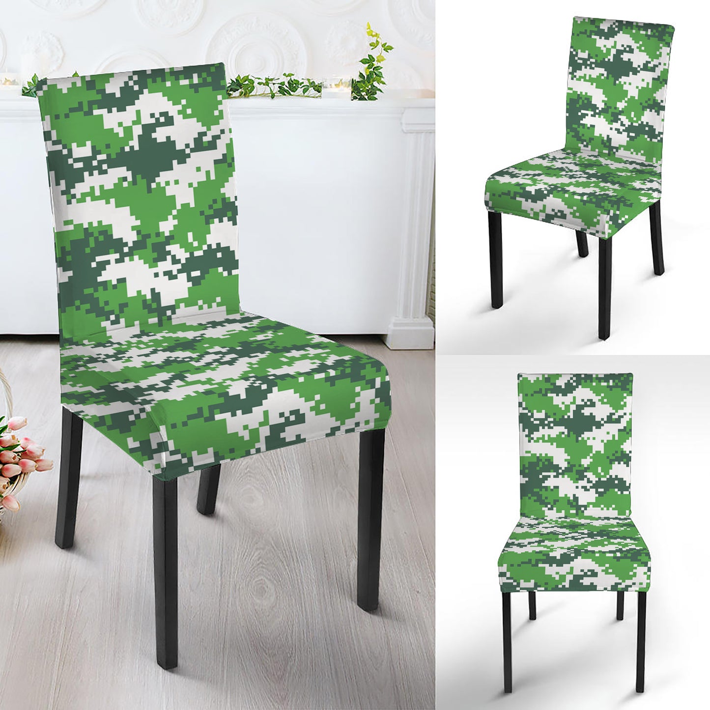 Green And White Digital Camo Print Dining Chair Slipcover