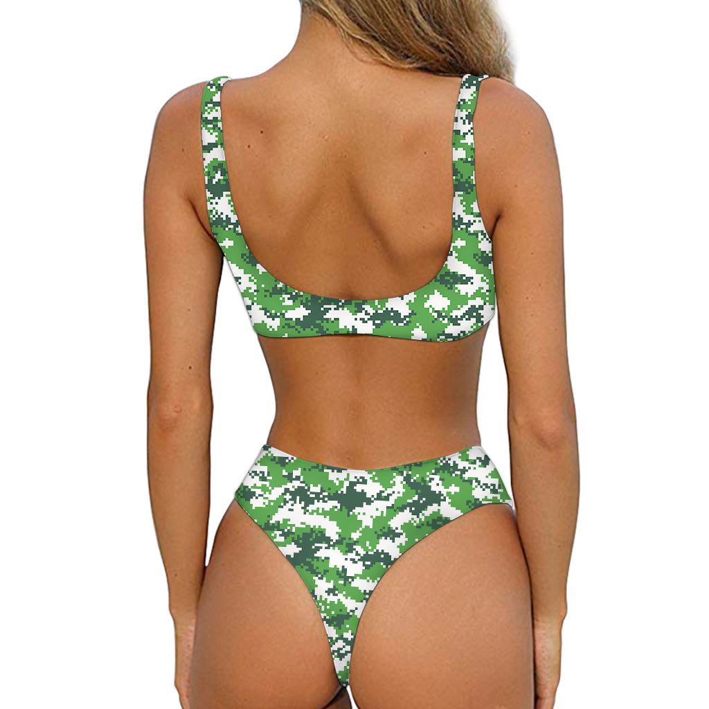 Green And White Digital Camo Print Front Bow Tie Bikini