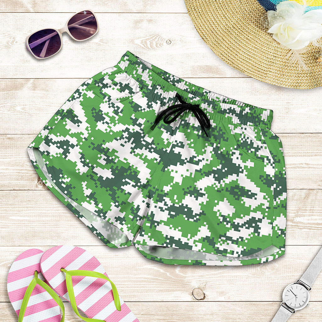Green And White Digital Camo Print Women's Shorts