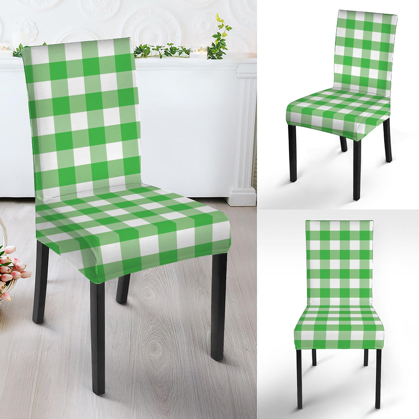 Green And White Gingham Pattern Print Dining Chair Slipcover