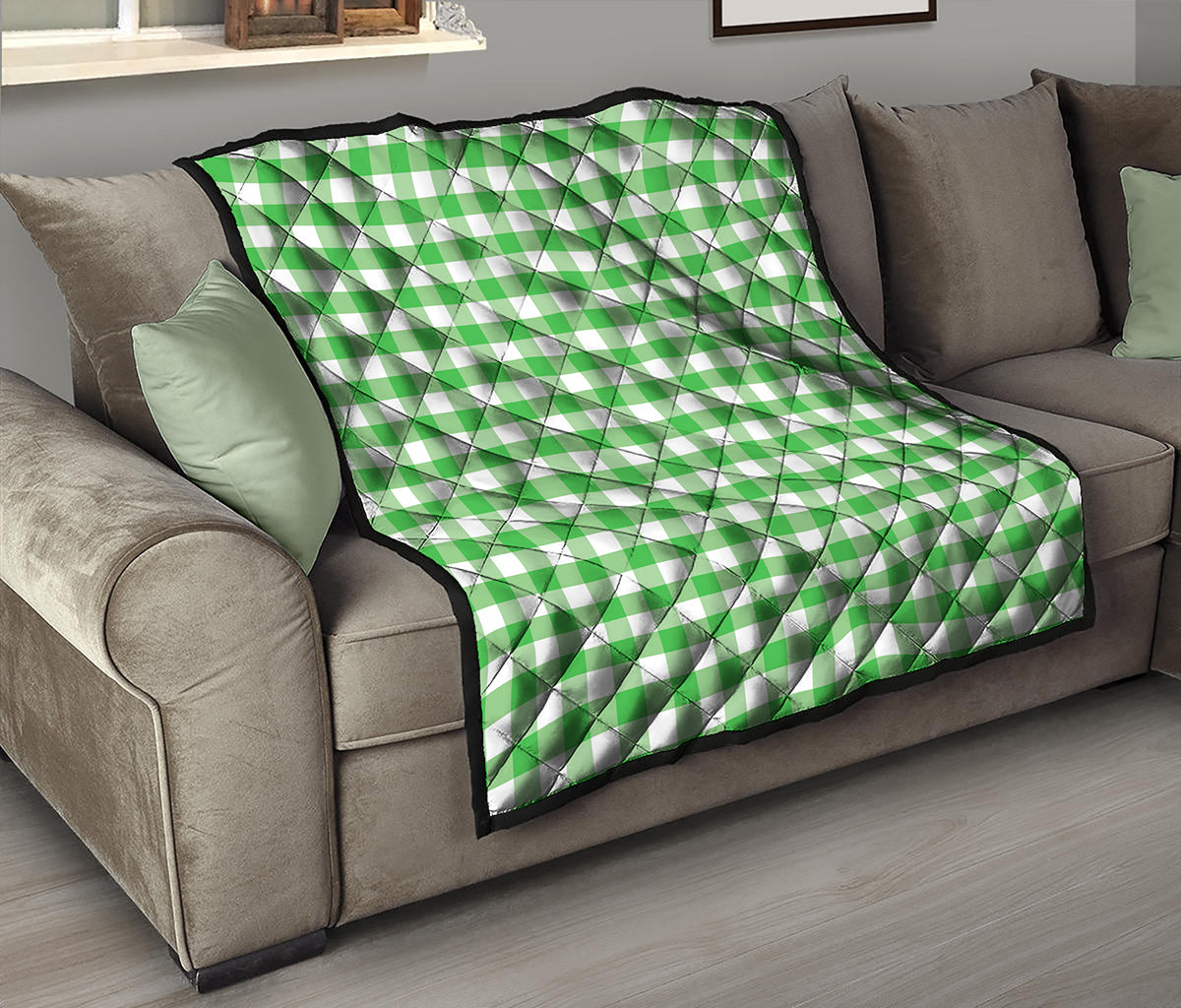 Green And White Gingham Pattern Print Quilt