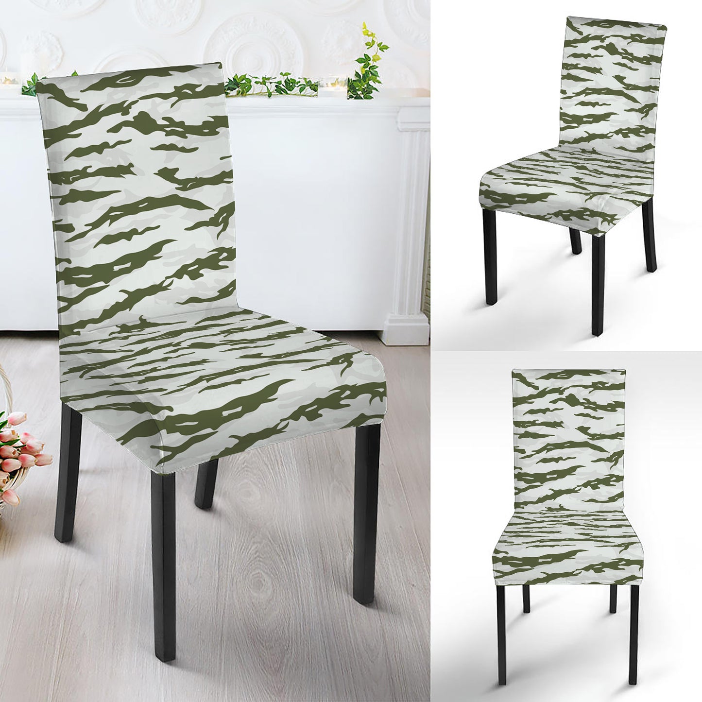 Green And White Tiger Stripe Camo Print Dining Chair Slipcover