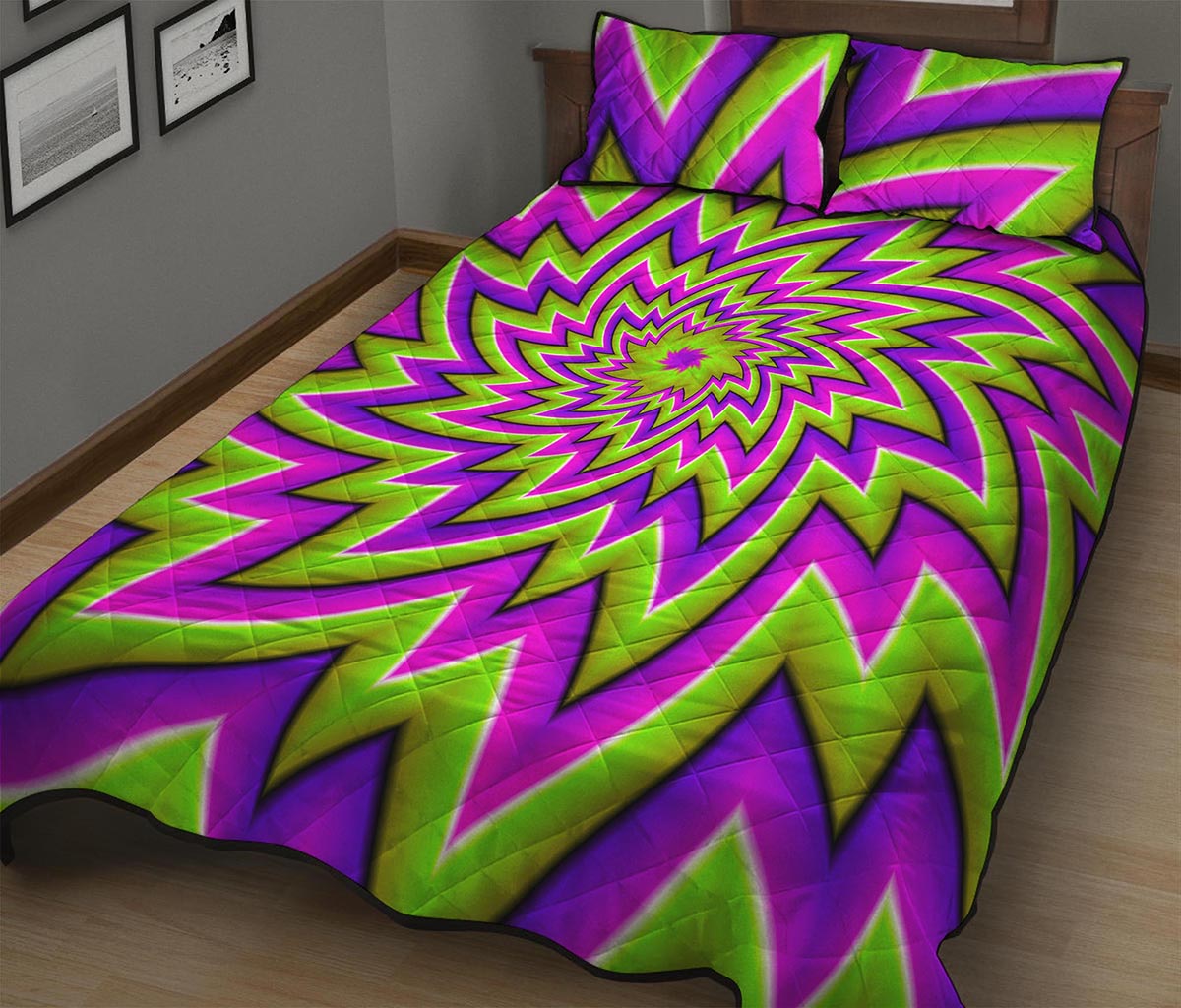 Green Big Bang Moving Optical Illusion Quilt Bed Set