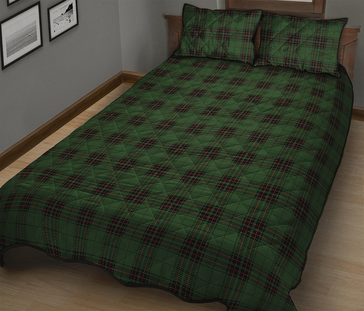 Green Black And Red Tartan Pattern Print Quilt Bed Set