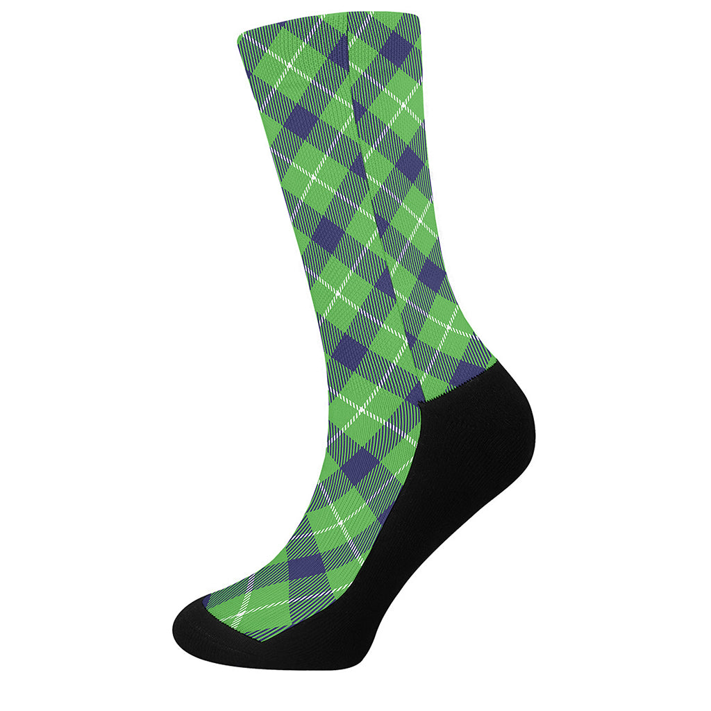 Green Blue And White Plaid Pattern Print Crew Socks