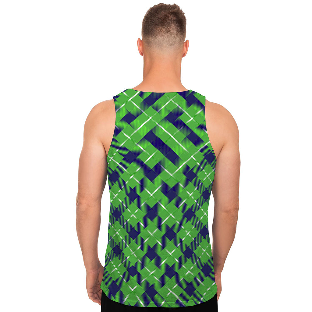 Green Blue And White Plaid Pattern Print Men's Tank Top