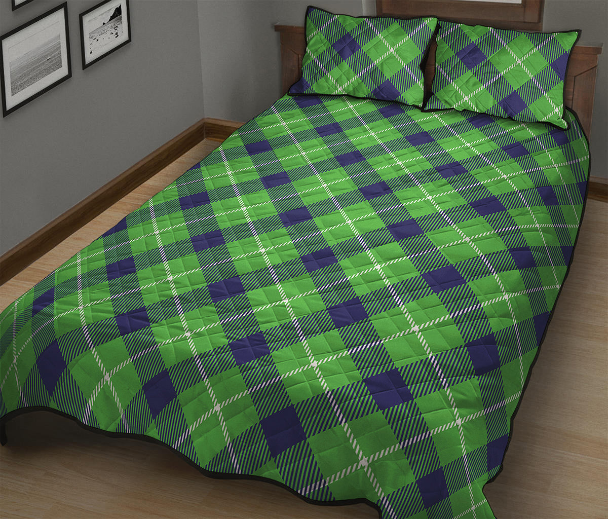 Green Blue And White Plaid Pattern Print Quilt Bed Set