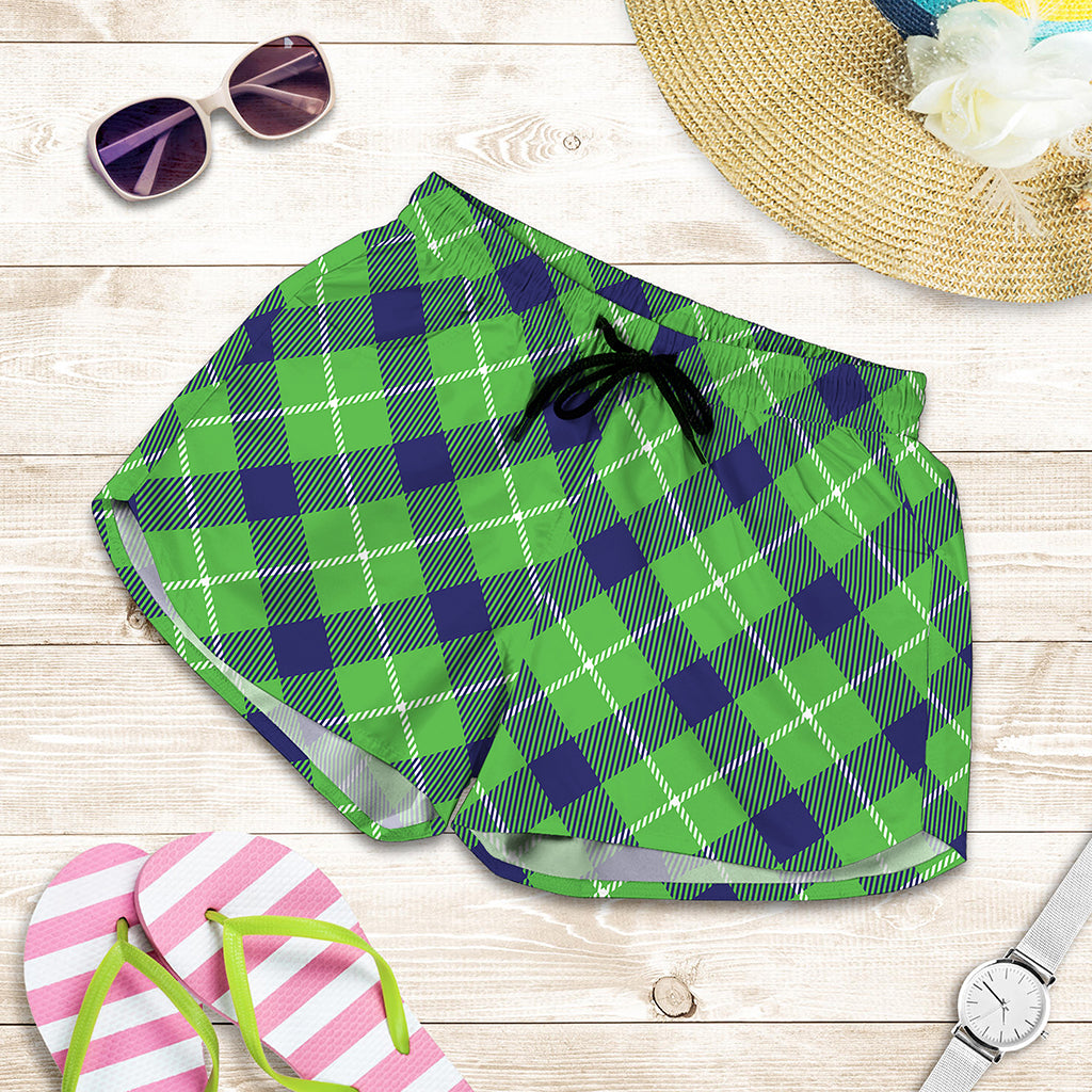 Green Blue And White Plaid Pattern Print Women's Shorts