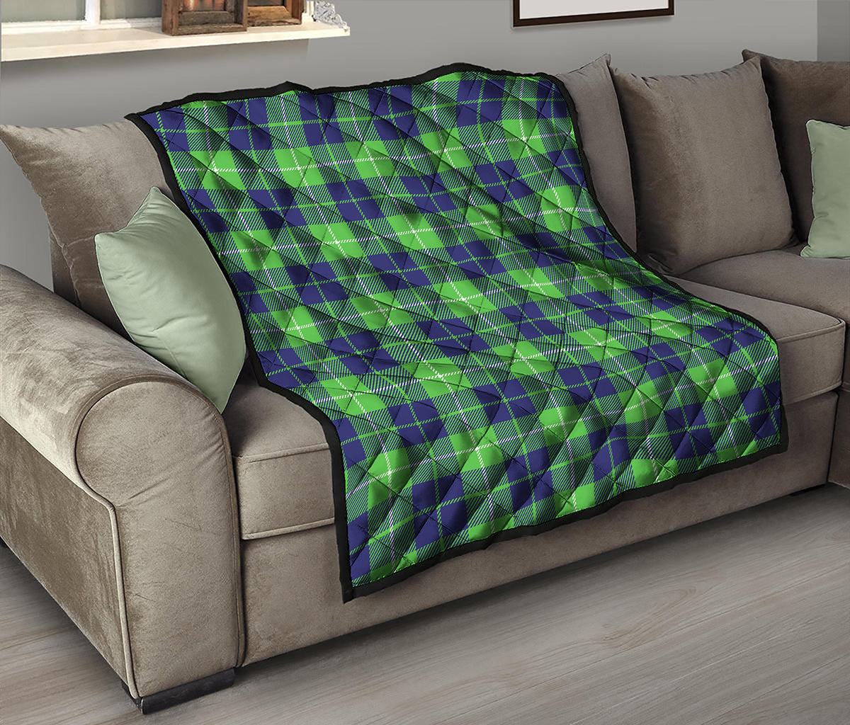 Green Blue And White Tartan Print Quilt