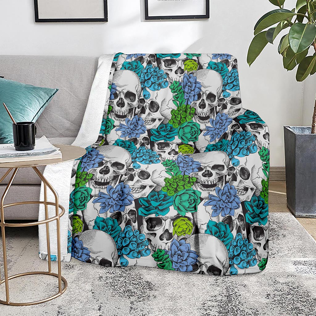 Green Blue Flowers Skull Pattern Print Blanket