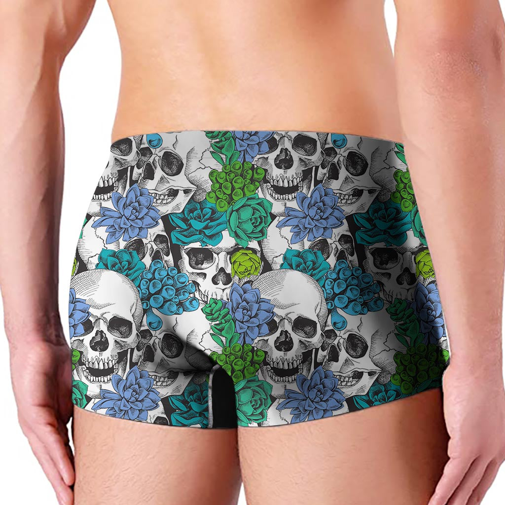 Green Blue Flowers Skull Pattern Print Men's Boxer Briefs