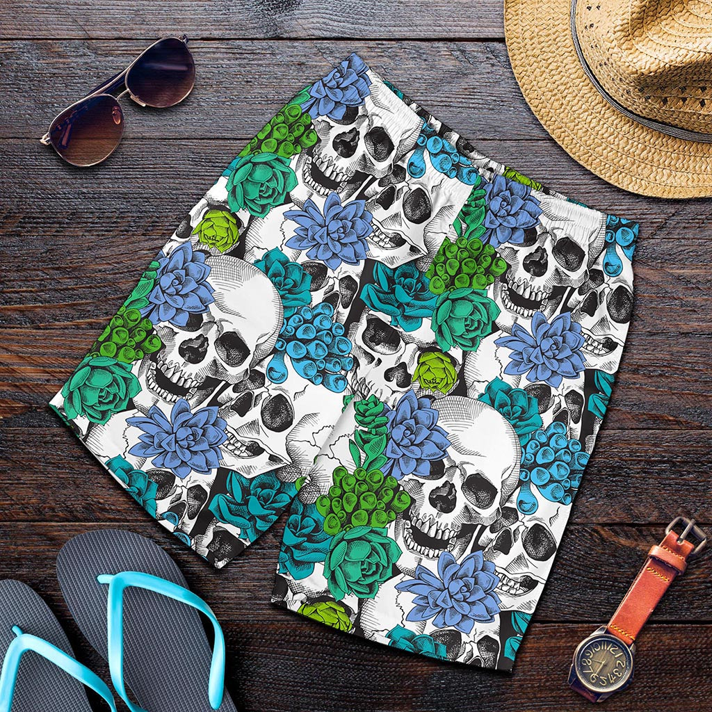 Green Blue Flowers Skull Pattern Print Men's Shorts