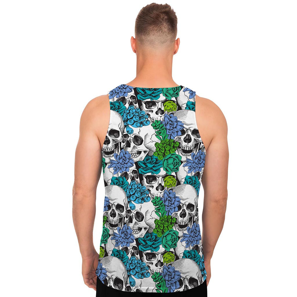 Green Blue Flowers Skull Pattern Print Men's Tank Top