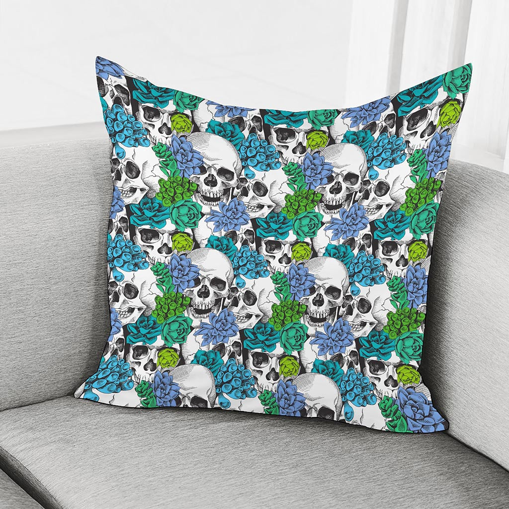Green Blue Flowers Skull Pattern Print Pillow Cover